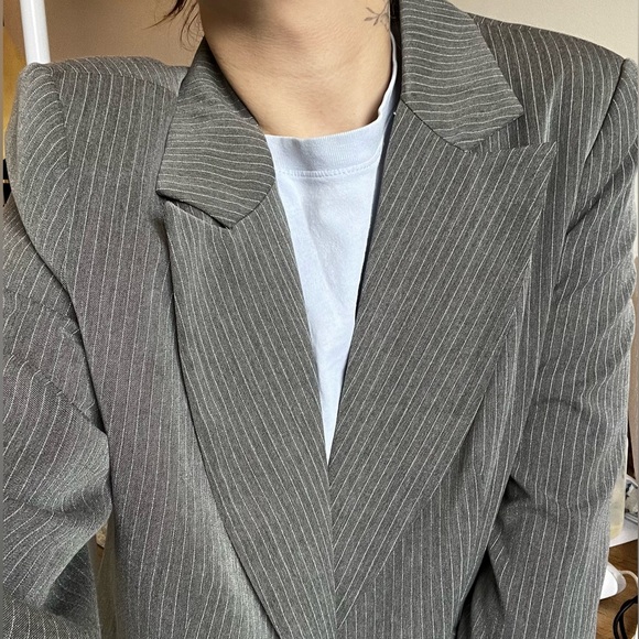 Blazer. New. Has shoulder pads. Larger fit on shoulders. Grey with stripes. - Picture 3 of 10